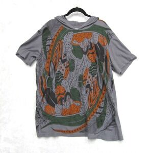 Lakhay's Collection T-Shirt Large Nepal Plant Print Orange Green Gray Hooded